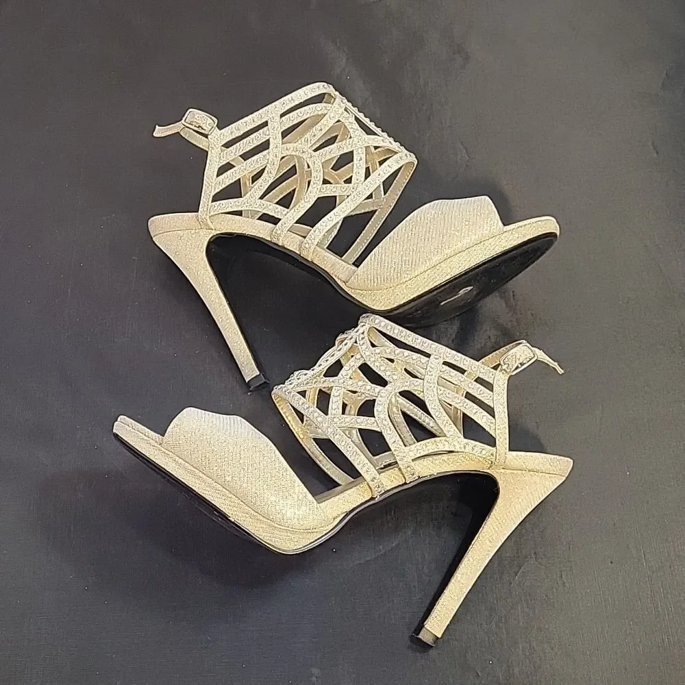 CAPARROS SILVER RHINESTONE EMBELLISHED PEEP TOE ANKLE STRAP HIGH HEEL SANDAL G1